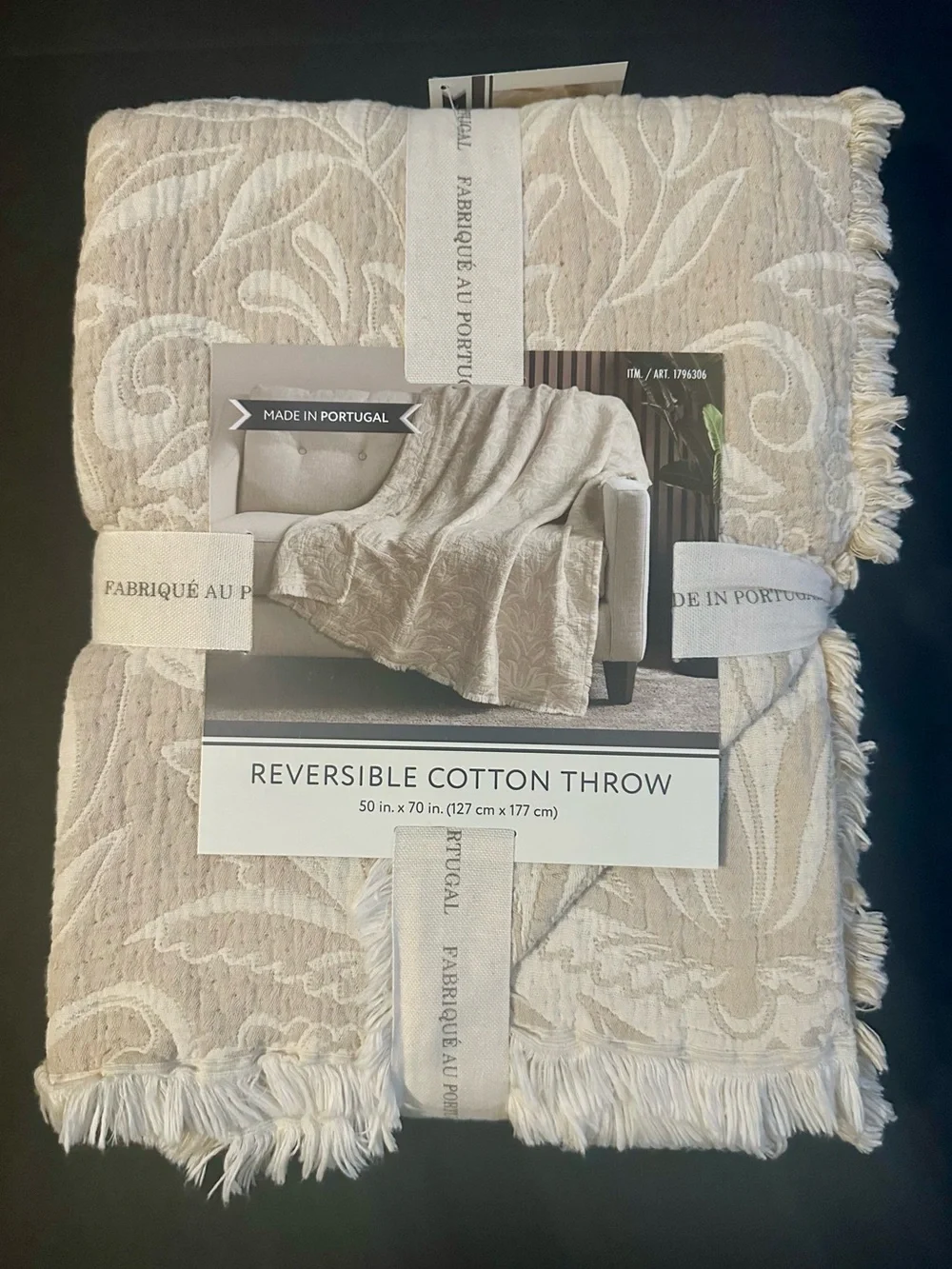 🎁Nemcor Made in Portugal Reversible Cotton Throw Blanket -Tan and Cream- 50”x70”